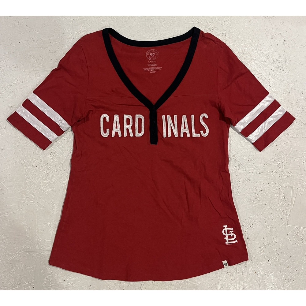 47 St Louis Cardinals Womens Henley Shirt Size L Red Button Embroidered